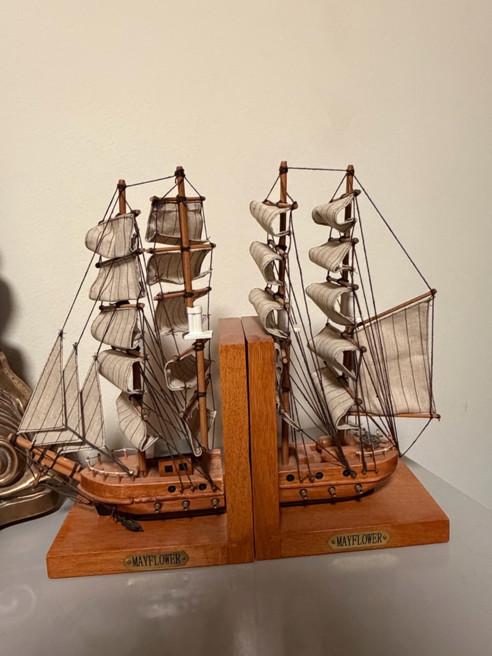 Mayflower Wooden Ship Bookends - Natural Wood & Beige Sails